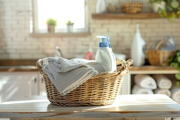 Fototapeta na wymiar A wicker laundry basket filled with folded towels and bottles of detergent is placed on a table in a bright laundry room