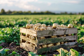 A wooden box with potatoes in a field