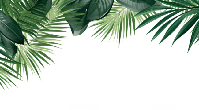 tropical frame with green palm leaves and tropical plants leaves