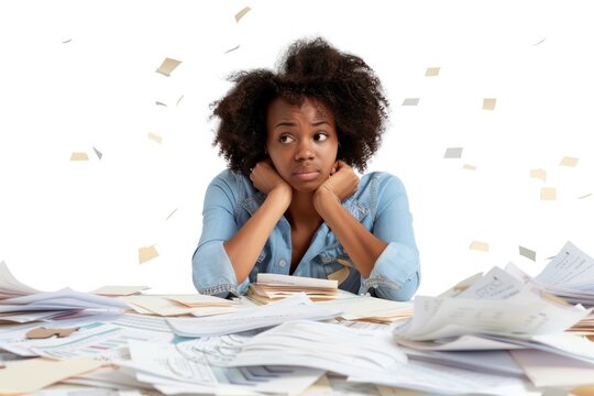 A Worried Black Woman Doing Financial Planning Surrounded By Lots Of Paper Isolated On Solid White Background