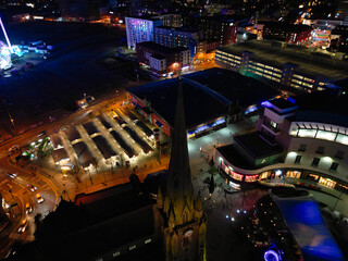 Aerial Night View of Illuminated City Centre Buildings of Birmingham Central City of England United Kingdom. March 30th, 2024