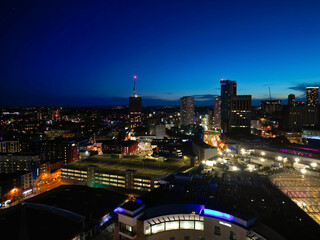 Aerial Night View of Illuminated City Centre Buildings of Birmingham Central City of England United...
