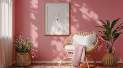 Pink living room interior with armchair and plant, 3d render