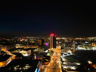 Aerial Night View of Illuminated City Centre Buildings of Birmingham Central City of England United...