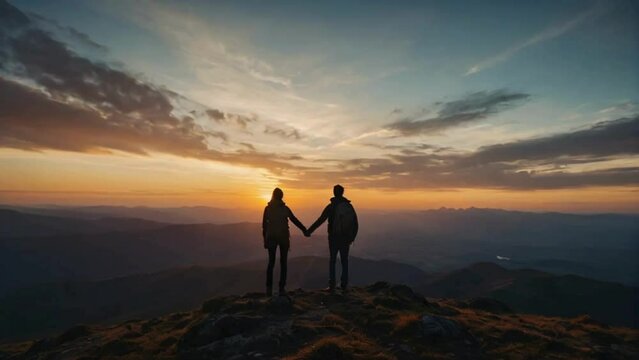 Silhouettes of two persons standing on top of a mountain holding hands and looking out on the beautiful sunset and vast landscape