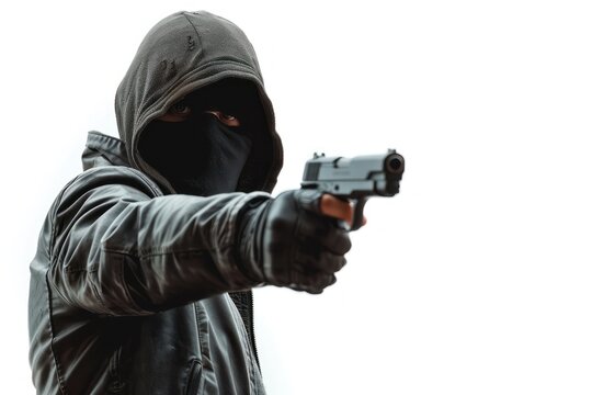 Attacker with a gun in his hand pointing at someone wearing a black mask and a hooded jacket