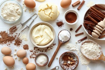 Obraz na płótnie Canvas Baking ingredients and kitchen utensils on table on light background
