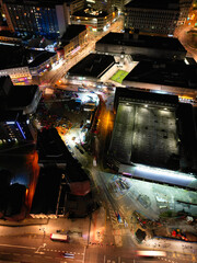 High Angle Night View of Illuminated City Centre Buildings of Birmingham Central City of England...