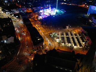 High Angle Night View of Illuminated City Centre Buildings of Birmingham Central City of England...
