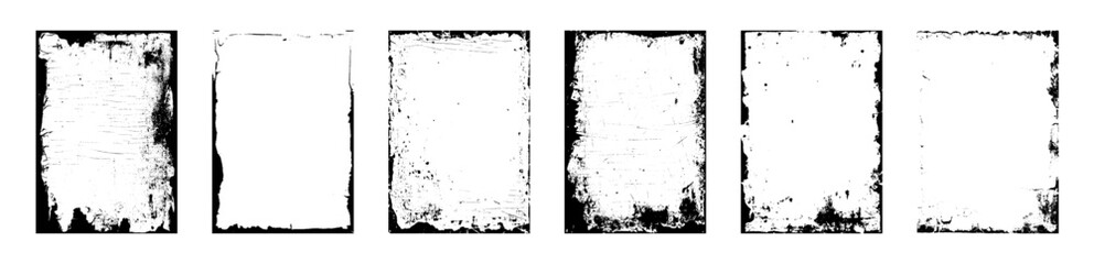 Overlay texture stamps with old, paper, grunge, grainy, vintage, worn, dust effect. Torn and crumpled pattern for poster or vinyl album cover. Vector of rough, dirty, grainy design, poster frame.	