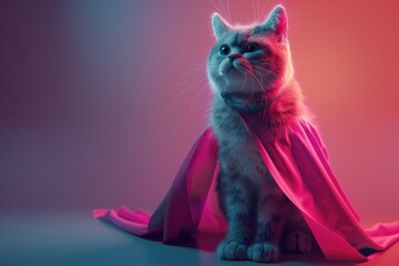 A whimsical cat as a superhero, wearing a pink cape, set against a clean background, in moody 3D lighting - obrazy, fototapety, plakaty