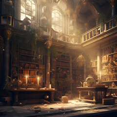 Ancient library with dusty books and mystical artifacts