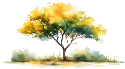 Watercolor Painting of a tree on Grass mound transparent background png
