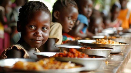 Orphanage mealtime, lining up with trays, innocence hungry for more - obrazy, fototapety, plakaty
