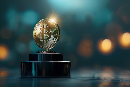 a Bitcoin shining on a black pedestal podium with a blurred bokeh background