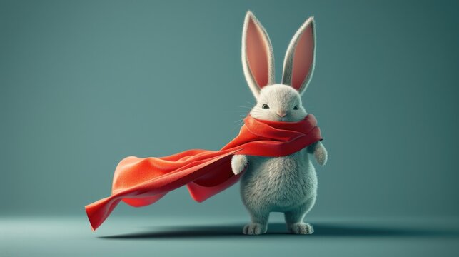 3D image of a cute rabbit as a superhero, sporting a vibrant red cape, minimal background, moody lighting
