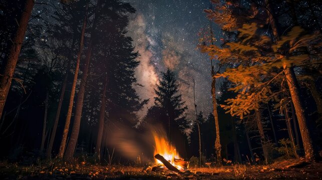 a camping fire in the forest under the stars in a summer day