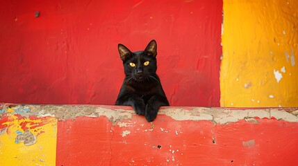 a black cat wearing hut with red and yellow wall