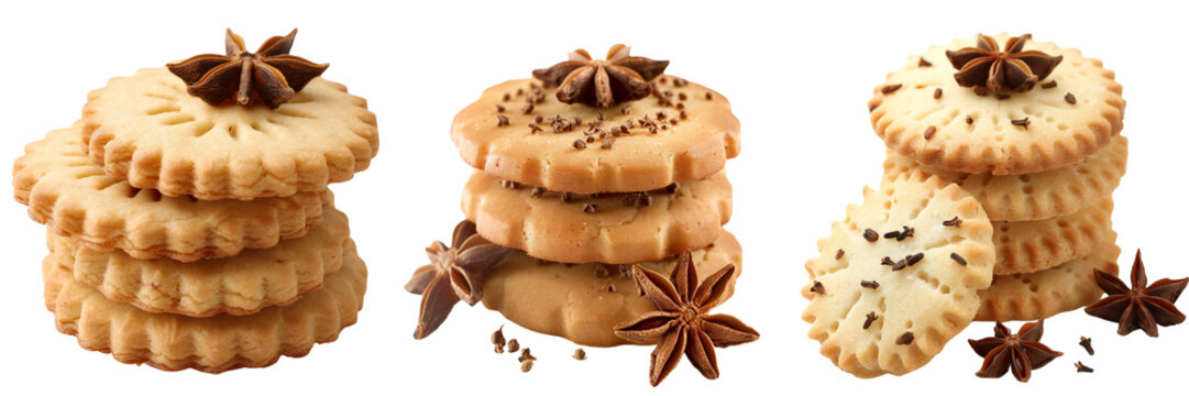 Set of close-up image of a stack of three anise cookies isolated on a transparent background