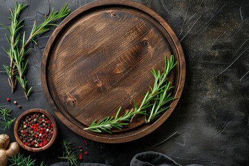 Beautiful empty round wooden tray with rosemary and pepper next to it on a dark background with space for text