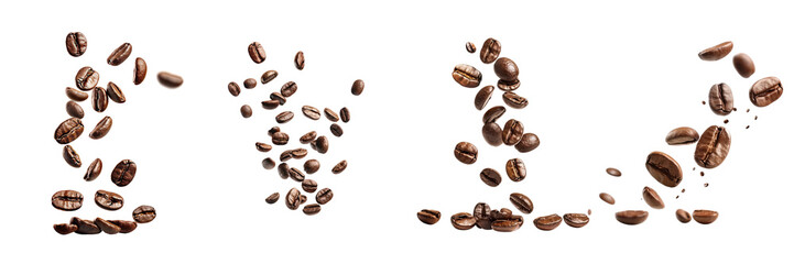 Set of Falling coffee beans isolated on a transparent background - obrazy, fototapety, plakaty