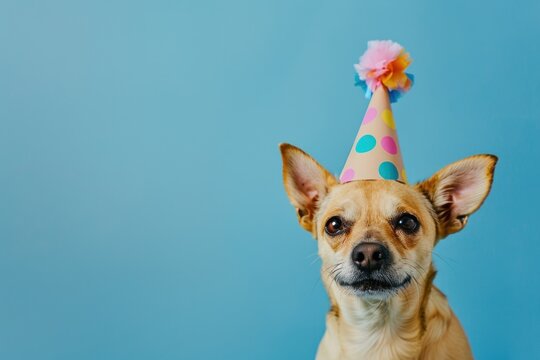 Beautiful happy dog with birthday hat looking straight isolated on blue background with space for text