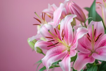 Obraz na płótnie Canvas Beautiful lily flowers bouquet on a pink background. Big bunch of fresh fragrant lilies purple background