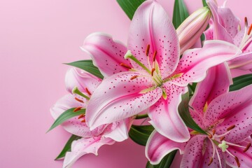 Fototapeta premium Beautiful lily flowers bouquet on a pink background. Big bunch of fresh fragrant lilies purple background