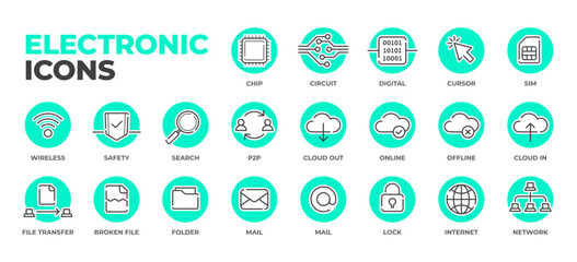 Electronic icons pack, vector line art icons on blue background. Information technology icons: chip and circuit, internet and cloud, file transfer and wireless.
