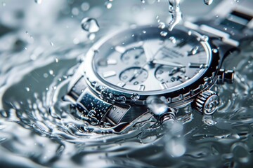 Beautiful luxury fashionable silver men's watch with splashes of water - obrazy, fototapety, plakaty