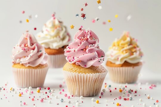 Beautiful levitating different cupcakes with cream and sprinkles Isolated on solid white background