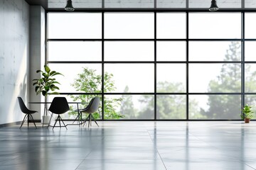 Beautiful office background with large windows and chairs. Business background with space for inscriptions