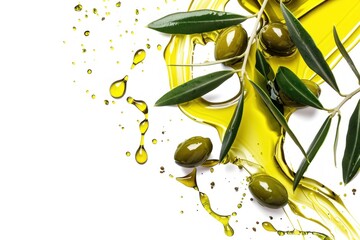 Beautiful olive oil splash with olives and green leaves isolated on white background, olive advertising