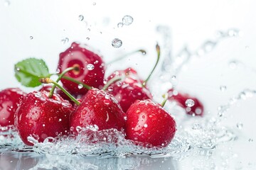 Beautiful red cherries, sweet cherries with water splash isolated on white background