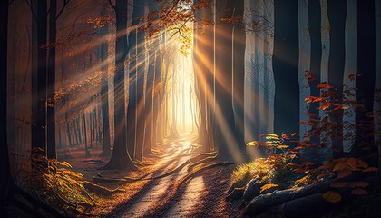 Autumn forest cool sunlight in the morning, Generate AI