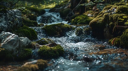 Fototapeta premium a stream with clear spring water flows over rocks covered with moss in the forest