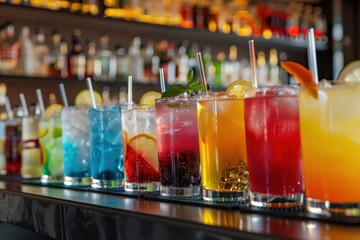 beautiful row line of different colored alcohol cocktails on bar