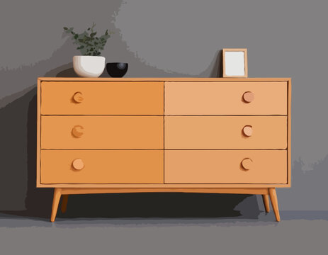Hand drawn silhouette of mid century dresser. Modern furniture outline drawing