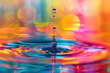 Beautiful water drop falling into liquid or water with colorful glare and reflections - obrazy, fototapety, plakaty