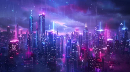 Fotobehang cityscape with space and neon light effect. Modern hi-tech, science, futuristic technology concept. Abstract digital high tech city design for banner background © pinkrabbit