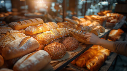 
Various breads on display on a bakery shelf, A person's hand using tongs to select bread on display, The sun comes in from the window - obrazy, fototapety, plakaty