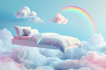 Bed with bedding levitating in the sky with clouds and rainbow , the theme of good and healthy sleep - obrazy, fototapety, plakaty