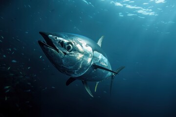 Big tuna swimming in the ocean, underwater view - obrazy, fototapety, plakaty