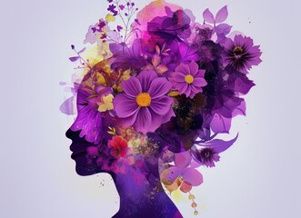a purple silhouette of a woman head with flowers, mental health concept