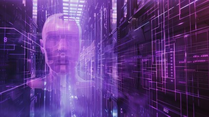 a transparent neon ghost face of a digital ancestor - Futuristic technology background