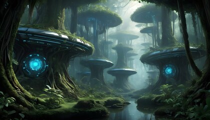 Within A Cyber Tron Rainforest A Secret Enclave O - obrazy, fototapety, plakaty