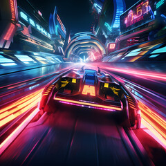 Futuristic hovercraft racing through a neon-lit track