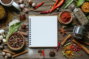 Blank notebook with white pages with space for text with elements of various spices all around
