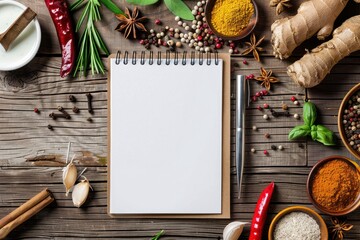 Blank notebook with white pages with space for text with elements of various spices all around - obrazy, fototapety, plakaty