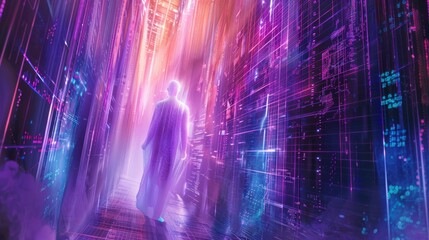 a transparent neon ghost of a digital ancestor - futuristic technology cyber background - digital ghost - obrazy, fototapety, plakaty